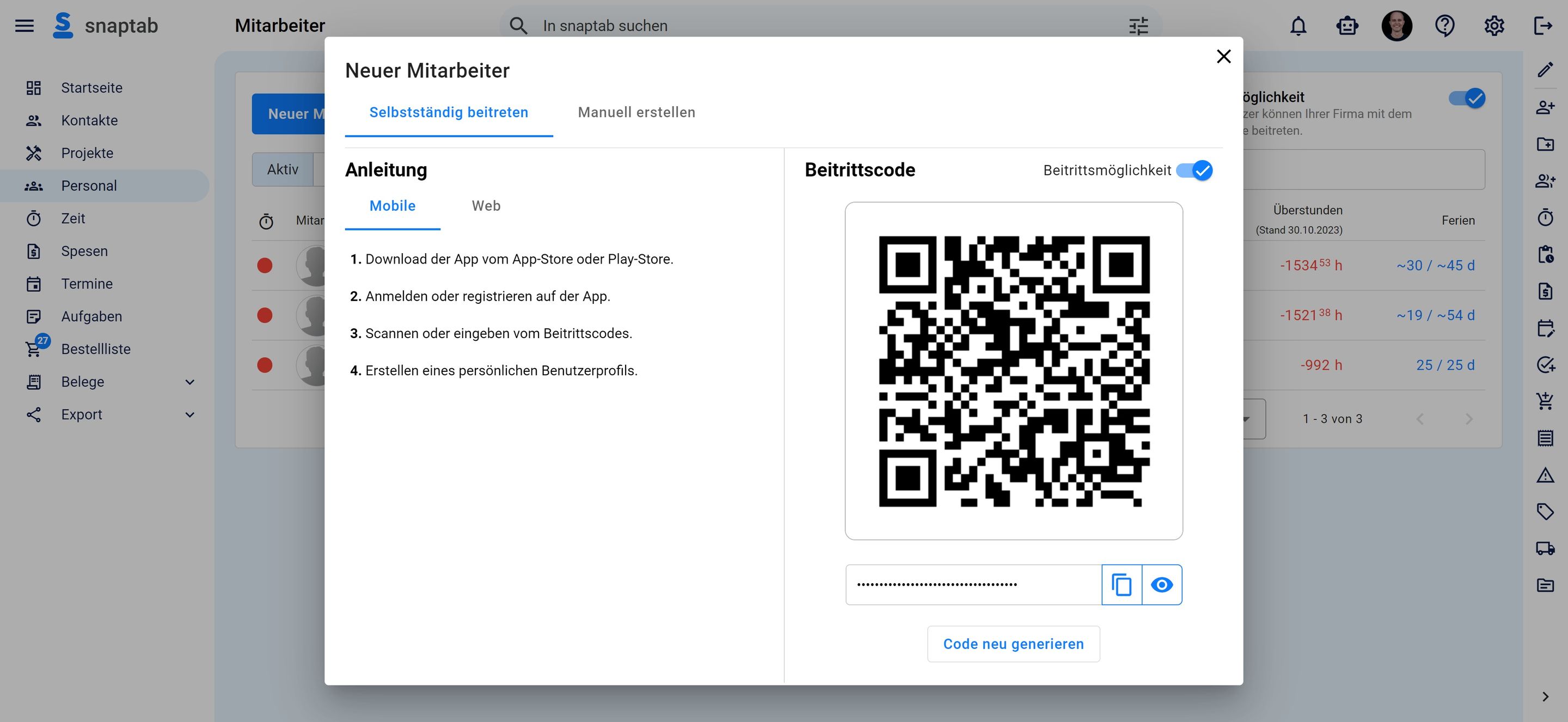 Mitarbeiter hinzufügen mit QR-Code