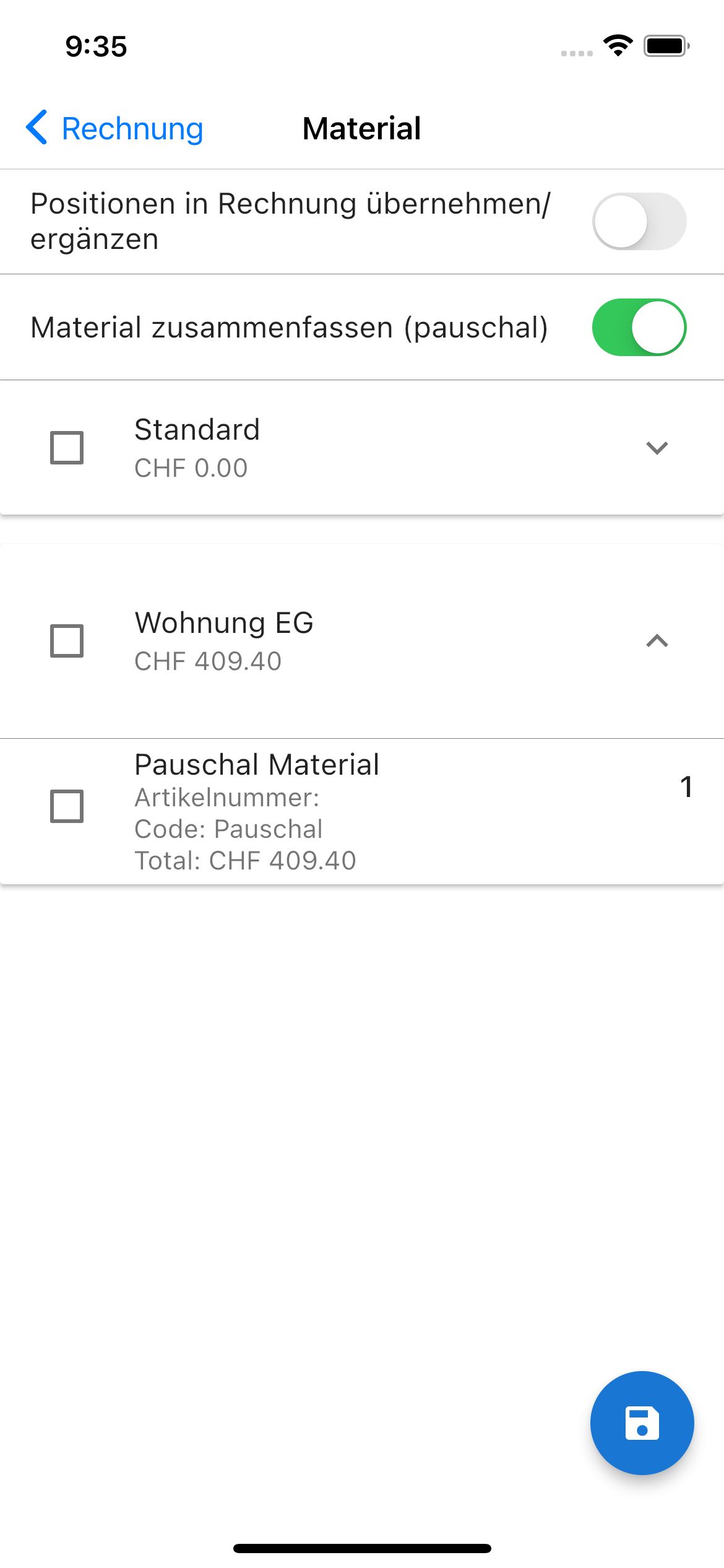 Belege Material importieren