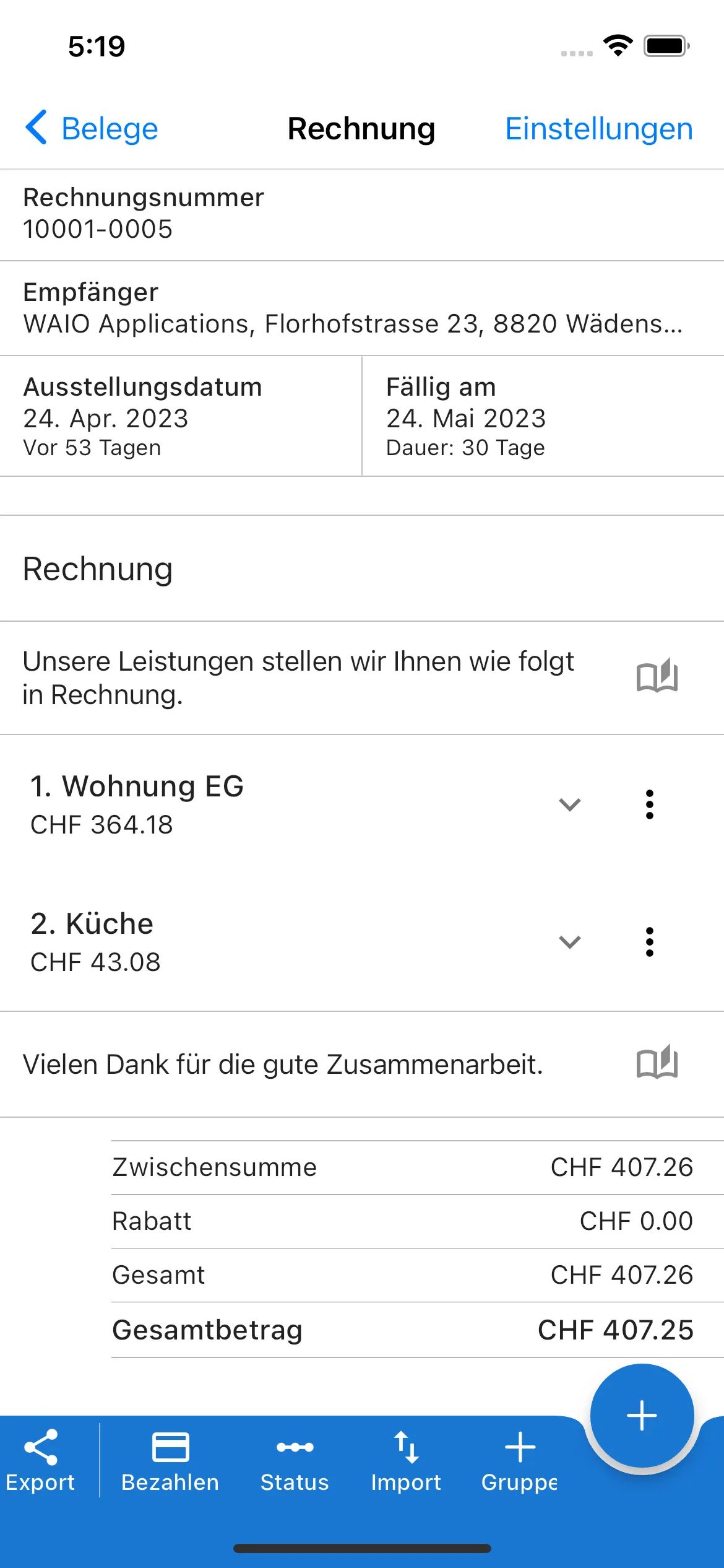 Belegeditor Übersicht Mobile