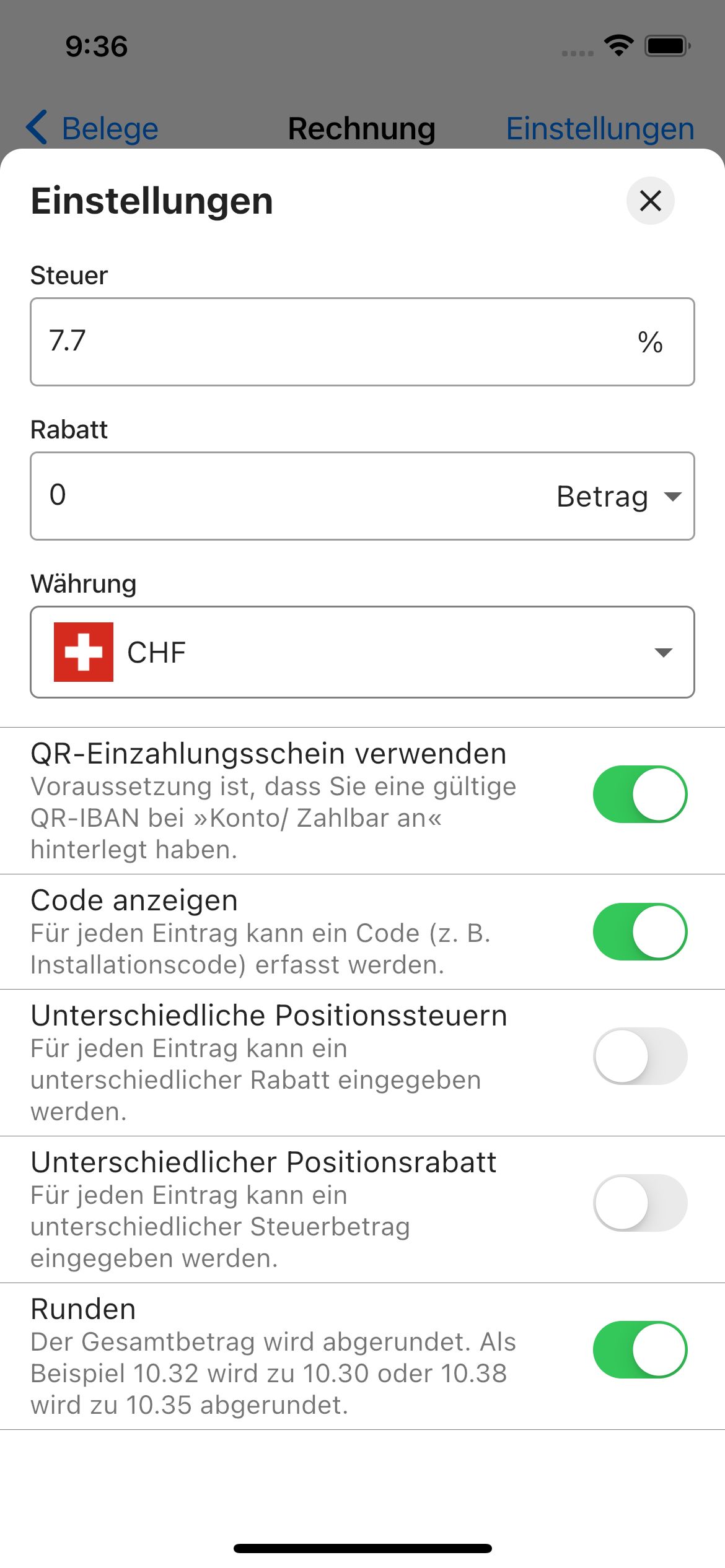 Belegeditor Einstellungen Mobile