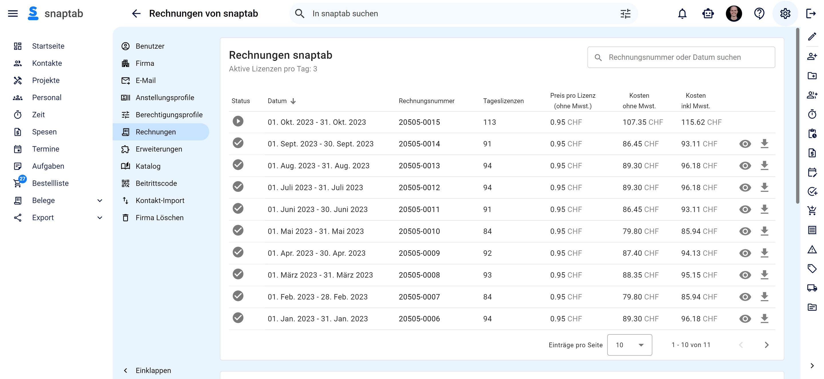 Rechnungsbildschirm von erhaltenen snaptab-Rechnungen